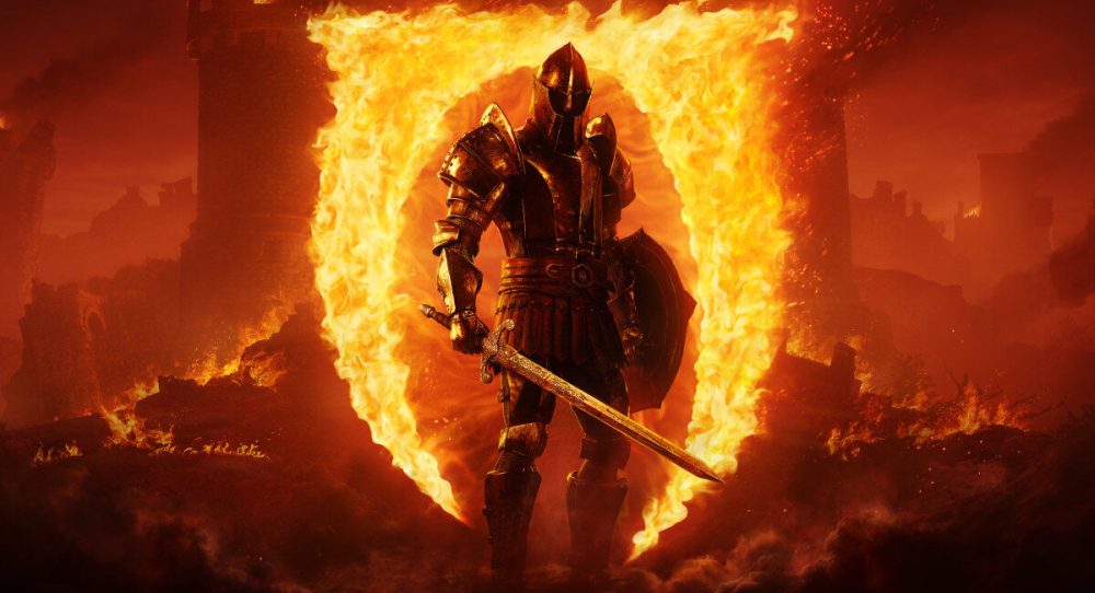 Art of a man in full imperial steel armor, armed with a sword and sheild stands in front of an oblivion gate made out of fire. The cover art for The Elder Scrolls IV: Oblivion Remaster